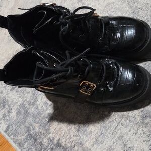 Forever 21 Glossy Black Combat Boots with Gold Buckles